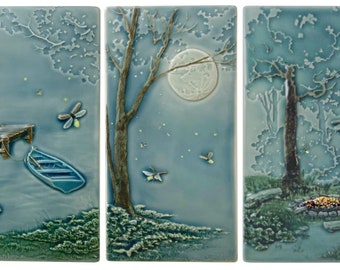 Fireflies triptych, ceramic tiles, ceramic wall art, set of three relief tiles.