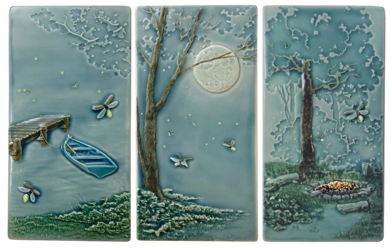 Fireflies triptych, ceramic tiles, ceramic wall art, set of three relief tiles. image 1