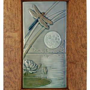 Dragonfly Moon, Framed ceramic art tile, firefly art, 7x11 inches