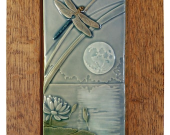 Dragonfly Moon, Framed ceramic art tile, firefly art, 7x11 inches