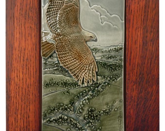 Framed Red tailed hawk, ceramic tile, sculpted art tile, Red Tail, 7 x 11 inch wall art.