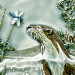 Otter, River Otter, Easily Distracted, North American river otter, ceramic art tile, 4 x 8 inches. image 2
