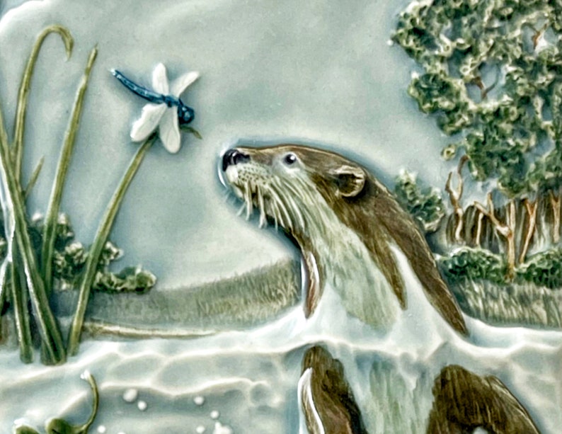 Otter, River Otter, Easily Distracted, North American river otter, ceramic art tile, 4 x 8 inches. image 2