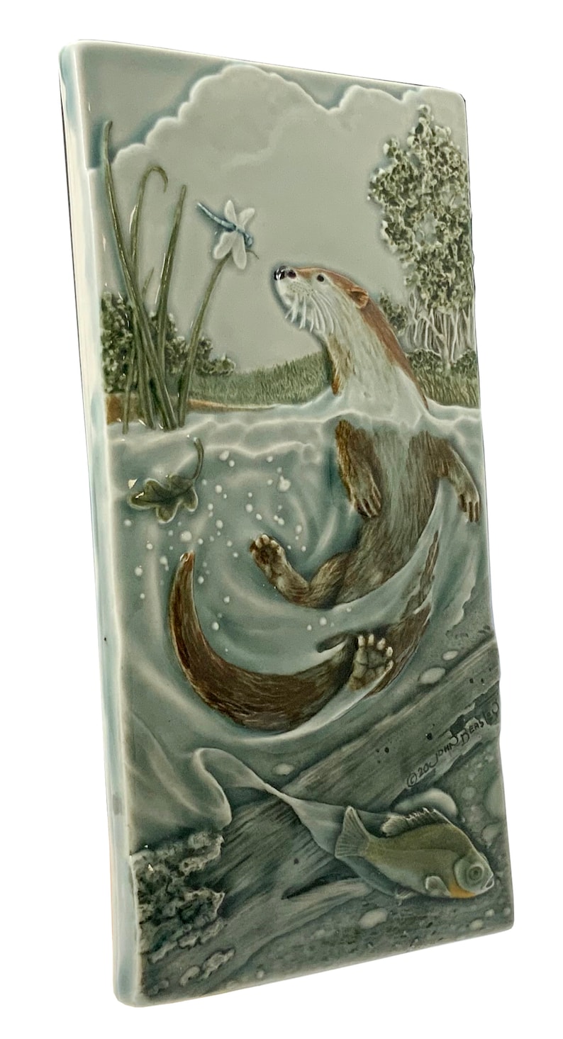 Otter, River Otter, Easily Distracted, North American river otter, ceramic art tile, 4 x 8 inches. image 4