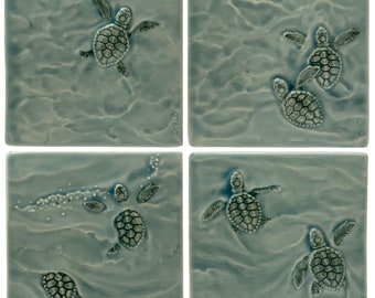 Baby Sea Turtle ceramic set, 4 in. relief tile, Home Decor