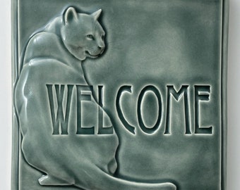 Welcome Cat ceramic art tile, 6x 6 inches, animal art