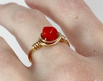 Minimalist Red Coral Gemstone Wire Wrapped Stackable Ring, Gold Wire Wrap, Minimal, Boho, Hippie, Festival, Gift for Her, Nest Ring