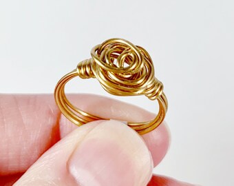 Minimalist Gold Wire Knot Ring, Minimal Rose Flower Wire Wrapped Ring, Simple Dainty Rosette Wire Wrap, Boho, Hippie, Festival, Gift for Her