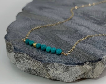 Minimalist Turquoise Beaded Bar Necklace, Dainty 14K Gold Filled Chain Necklace, December Birthstone, Minimal, Simple, Gift, Holiday Jewelry
