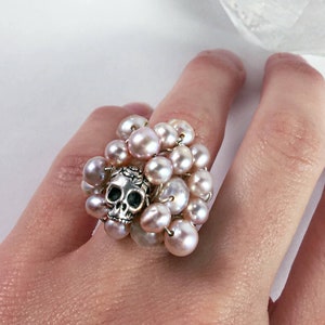 Pearl And Skull Wire Wrap Cluster Statement Ring, Boho Pink Freshwater Pearl And Sterling Silver Wire Wrapped Cocktail Ring, Punk, Gift