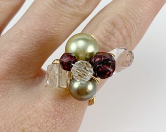 Boho Wire Wrapped Statement Ring, 14K Gold Fill Multistone Gemstone Cocktail Ring, Shell Pearls, Freshwater Pearl, Crystals, Gift