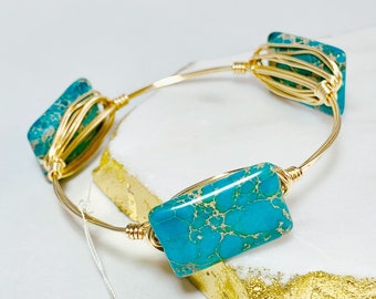 Boho Wire Wrapped Turquoise Bangle Bracelet, Gold Wire Bracelet, Blue Imperial Jasper Gemstones, Hippie, Festival, Gift for Her