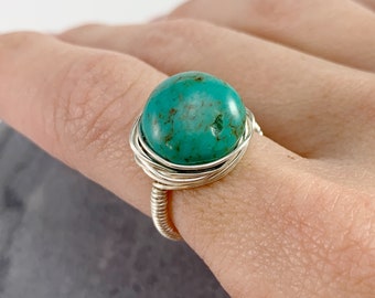 Wire Wrapped Turquoise Ring, Boho Silver Statement Ring, Gemstone Ring, Raw Stone Ring, Hippie, Festival, Gift for Her