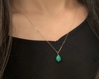 Minimalist Teardrop Pendant Gemstone Necklace, Dainty 14K Gold Filled Chain, Chrysoprase, Apple Green Chalcedony, Minimal, Simple, Gift