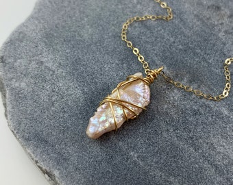 Minimalist Wire Wrapped Pink Freshwater Pearl Necklace, June Birthstone, 14K Gold Fill Dainty Chain, Minimal Pendant, Holiday Gift For Her