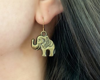 Brass Elephant Charm Earrings, Safari Jungle Animal Earrings, Boho, Hippie, Festival Jewelry, Gift for Her