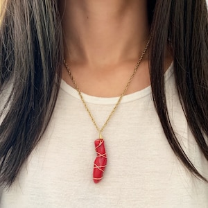 Boho Wire Wrapped Red Branch Coral Pendant Necklace, Gold Chain, Wire Wrap, Statement Necklace, Hippie, Festival Jewelry, Gift for Her