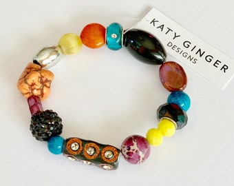 Chunky Beaded Boho Bracelet, Stones, Beads, Hippie, Festival Jewelry, Colorful, Crystals, Gemstones, Gift