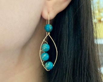 Boho Wire Wrap Leaf Earrings, Drop Earrings, Blue Imperial Jasper Stone Beads, 14k Gold Fill, Boho, Hippie, Gift for Her