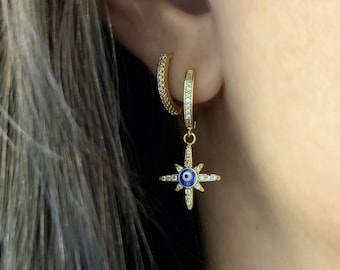 Huggie Hoops, Minimalist Gold Hoop Earrings, Blue Evil Eye Starburst Charms, Star Charm Earrings, Simple Dainty Minimal Jewelry, Boho,Hippie