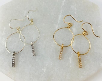 Gold and Silver Minimalist Hoop Wire Dangle Drop Earrings, Minimal, Crystal, Rhinestone, Geometric, Linear,Simple,Boho,Everyday Jewelry,Gift