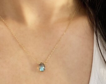 Minimalist Labradorite Gemstone Teardrop Pendant Necklace, Raw Grey Stone, Flashy Rainbow, 14K Gold Fill, Dainty Chain, Simple, Boho, Gift