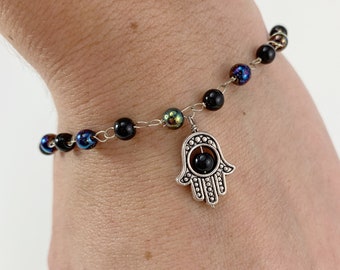 Beaded Hamsa Hand Charm Bracelet, Rainbow and Black Beads, Silver Hamsa Hand, Boho, Hippie, Festival, Minimalist, Minimal, Gift for Her