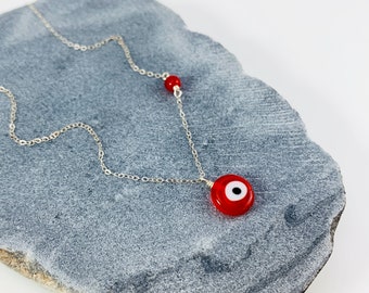 Minimalist Red Evil Eye Beaded Pendant Necklace, Sterling Silver Dainty Chain, Simple, Minimal, Boho, Hippie, Gift for Her, Everyday Jewelry