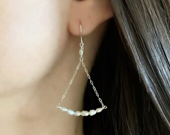 Minimalist White Freshwater Pearl Swing Chandelier Earrings, Sterling Silver, Minimal, Dainty Chain, Simple, Boho,Gemstone,Dangle, Drop,Gift