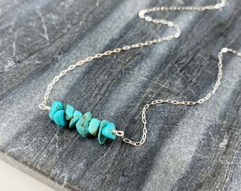 Minimalist Turquoise Chip Beaded Necklace, Minimal Sterling Silver Dainty Chain Necklace, Simple, Gemstone, Everyday Jewelry, Boho, Gift