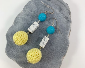 Boho Beaded Dangle Earrings, Sterling Silver Statement Earrings, Carved Turquoise, Marble, Yellow Beads, Gift For Her