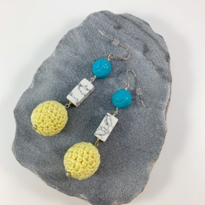 Boho Beaded Dangle Earrings, Sterling Silver Statement Earrings, Carved Turquoise, Marble, Yellow Beads, Gift For Her