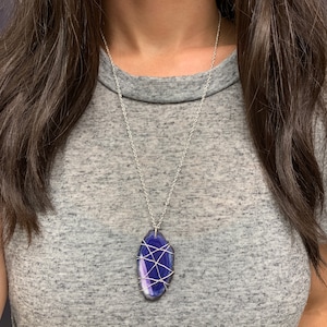 Boho Wire Wrapped Pendant Necklace, Silver Wire Wrap Purple Amethyst Agate Slice, Silver Chain Necklace, Statement Necklace, Hippie, Gift