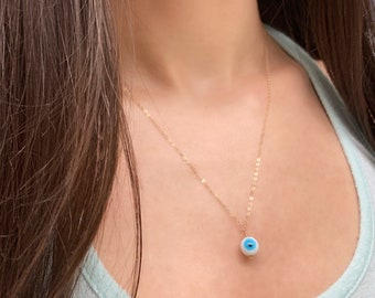 Minimalist Blue Evil Eye Beaded Pendant Necklace, 14K Gold Fill Dainty Chain, Simple, Minimal, Boho, Hippie, Protection Jewelry, Gift