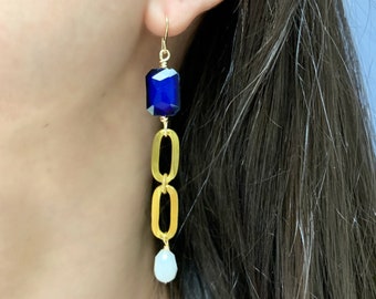 Minimalist Statement Dangle Earrings, Minimal Blue Crystal Drop Earrings, Gold Chain, White Freshwater Pearl, Boho, Hippie, Gift for Her