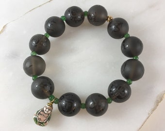 Charm Buddha Bracelet, Beaded, Vintage Glass Beads, Brown, Green, Aventurine, Strechy Bracelet