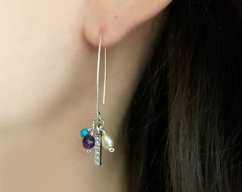 Minimalist Gemstone Earrings, Dangle Drop Beaded Charm, Sterling Silver, Minimal, Simple, Freshwater Pearl, Turquoise, Purple Amethyst,Gift