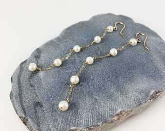 Minimalist White Freshwater Pearl Gold Chain Duster Earrings, Minimal, Dangle, Drop, Dainty, Simple, Boho, Hippie,