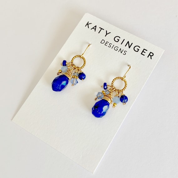 Boho Blue Drop Earrings, Czech and Swarovski Crystals, Gold Bali