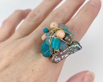 Boho Wire Wrapped Gemstone Statement Ring, Gold, Freshwater Pearls, Turquoise, Coral, Crystals, Wire Wrap Cocktail Ring, Hippie, Gift