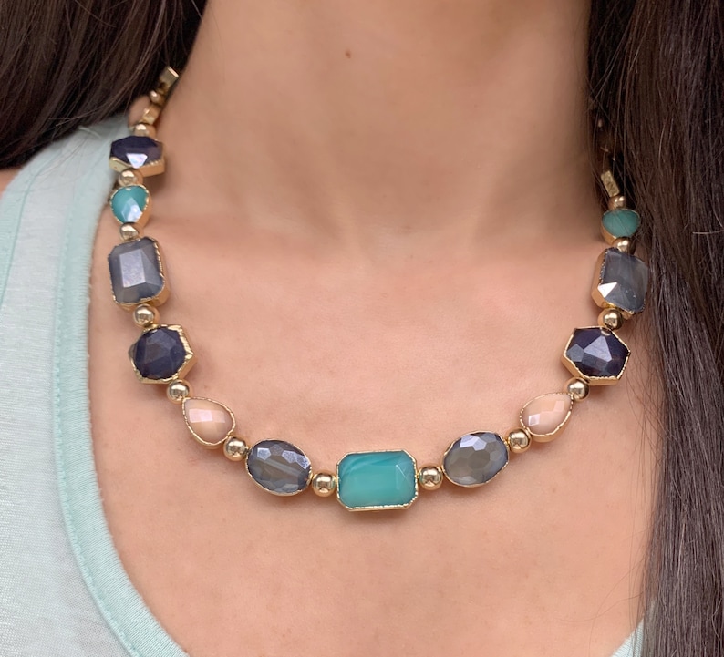 Green Peach Beaded Statement Necklace Sparkly Shiny Glass Crystal Boho Matching Set Colorful Grey Gift for Her Gold