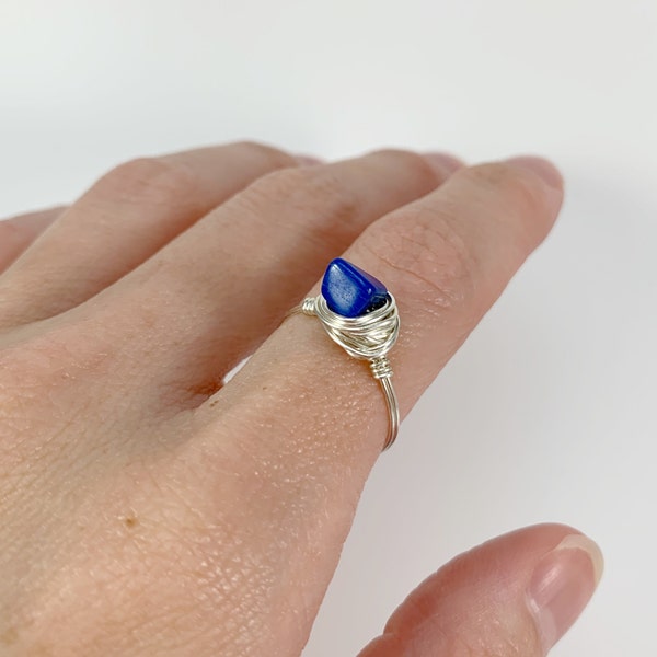 Minimalist Lapis Lazuli Gemstone Wire Wrapped Stackable Ring, Silver Wire Wrap, Minimal, Boho, Hippie, Festival, Gift for Her, Nest Ring