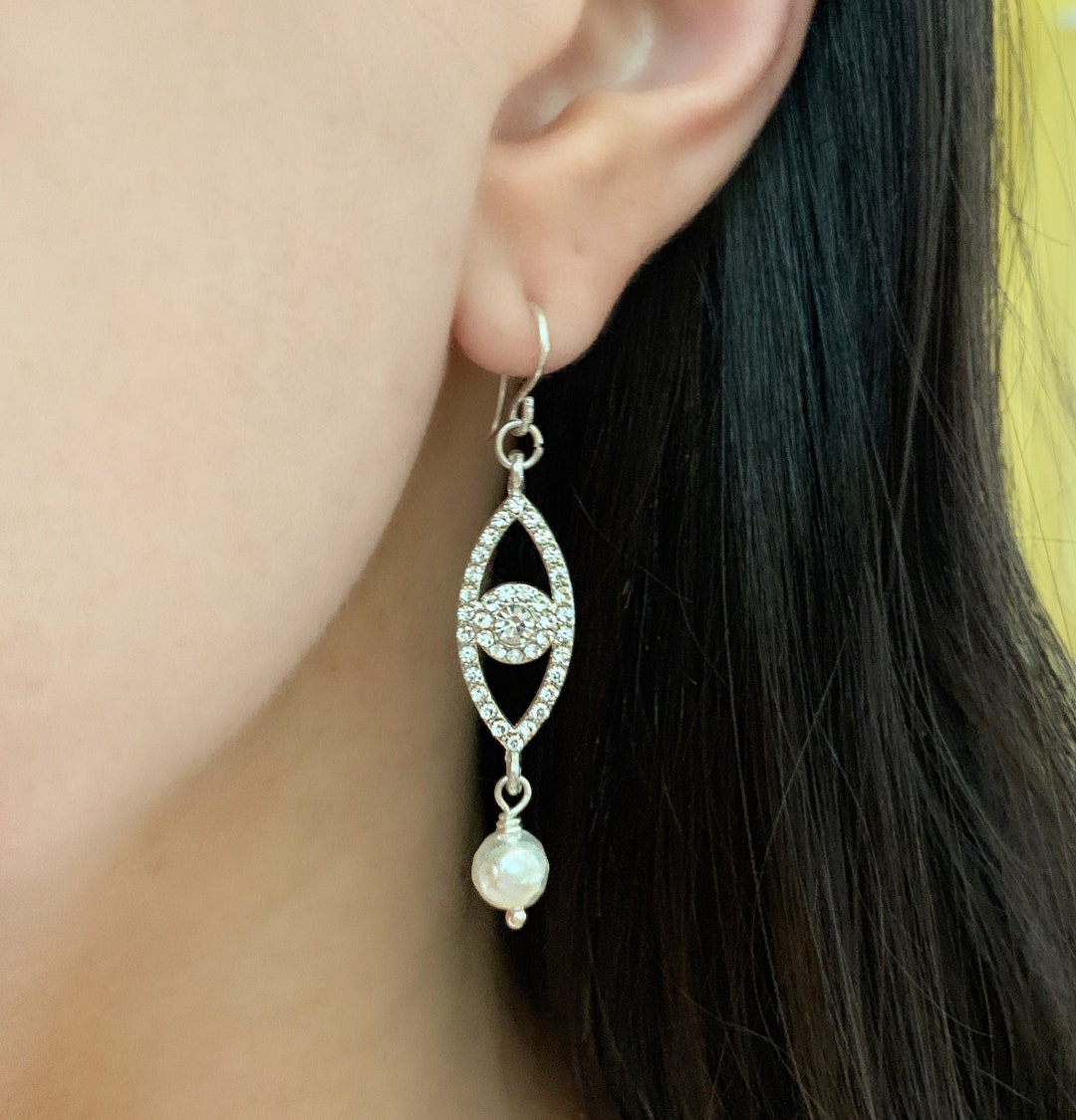 Evil Eye and Freshwater Pearl Dangle Earrings, Rhinestones, Boho ...