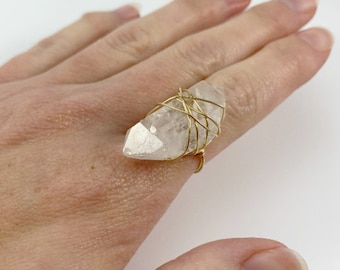 Boho minimalist wire wrapped clear quartz ring, 14k gold filled wire wrap, statement ring, minimal, simple, gift