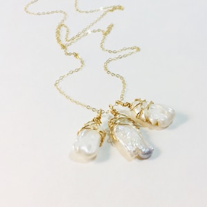 Minimalist Wire Wrapped Freshwater Pearl Charm Necklace, 14K Gold Fill Wire Wrap, White Branch Stick Pearls, Boho, Simple, Dainty, Hippie