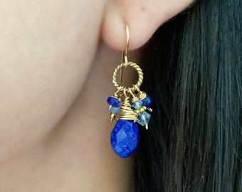 Boho Blue Drop Earrings, Czech and Swarovski Crystals, Gold Bali Beads, Simple Dangle Earrings, Festival, Hippie, Minimal, Gift for Her