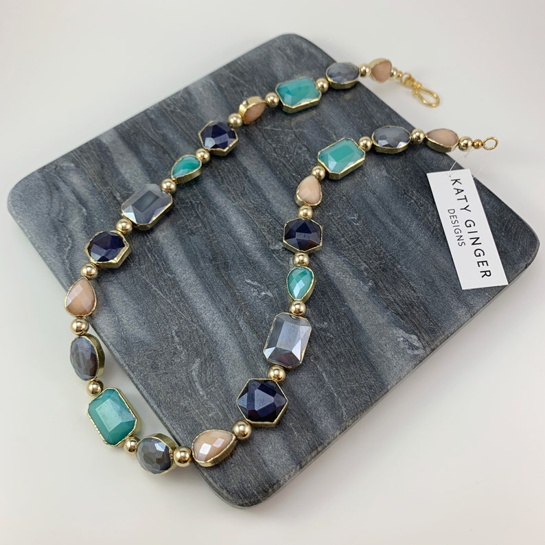 Green Peach Beaded Statement Necklace Sparkly Shiny Glass Crystal Boho Matching Set Colorful Grey Gift for Her Gold