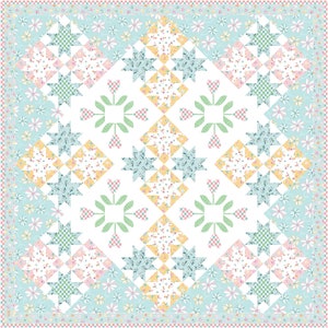 May include: A white quilt with a diamond pattern in the centre. The diamond is made up of smaller squares in shades of blue, yellow, and pink. The quilt is surrounded by a border of blue and white flowers.