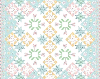 Quiltpatroon met fonkelende sterren appliqué, patchwork met bloemen (digitaal)