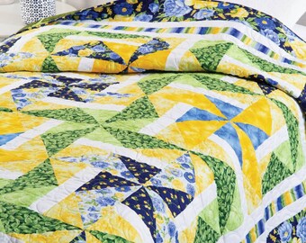 Quilt for sale floral fabrics Ribbon Dance home living interior design  pinwheels modern decor accessories blue yellow handmade farmstyle